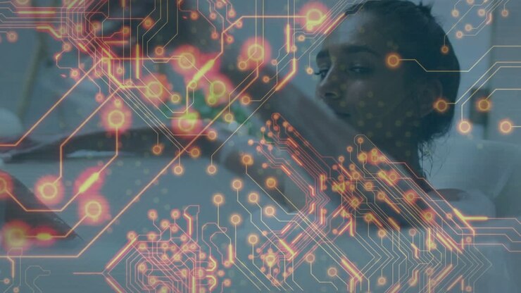 Woman lifting glass, starting circuitry overlaying face while sipping in tub showing tech wellness