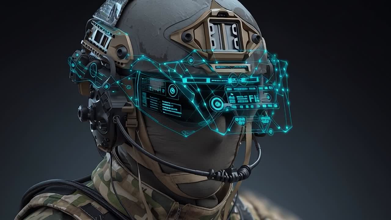 Modern soldier equipped with advanced augmented reality headset