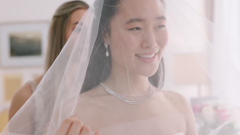 asian bride and bridesmaid on day of wedding