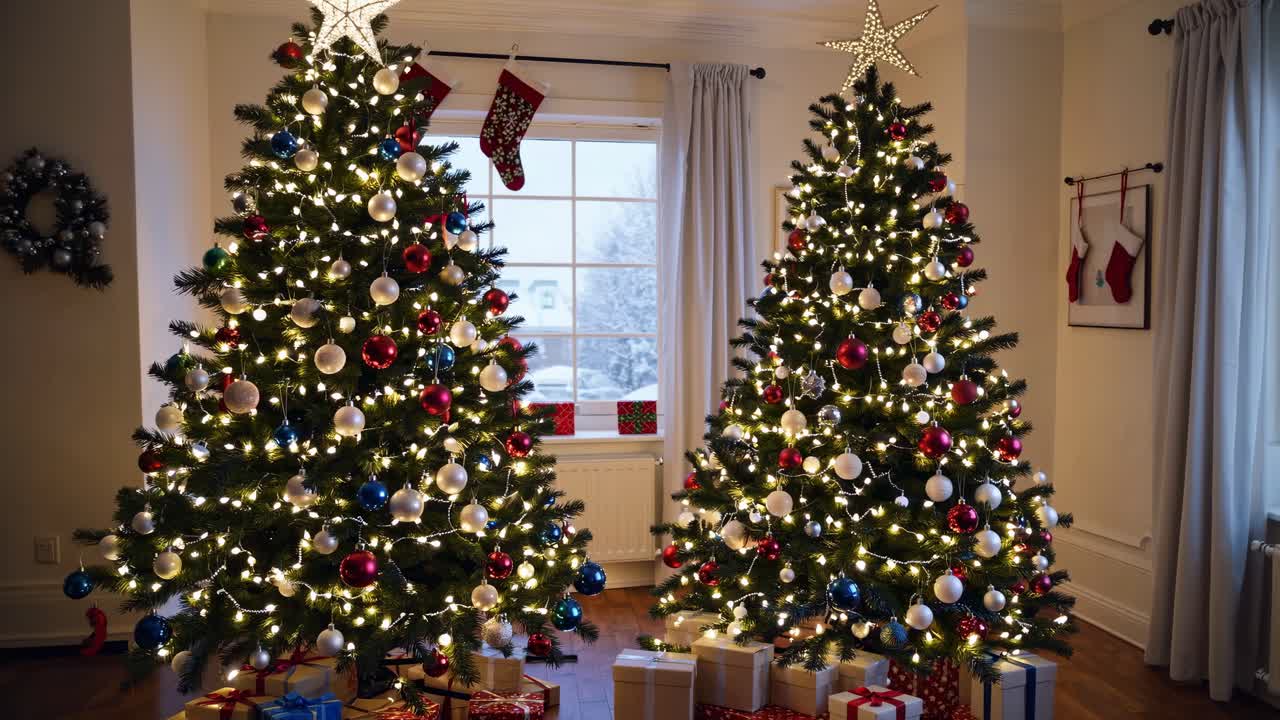 Festive living room with two decorated Christmas trees, shot from a wide-angle