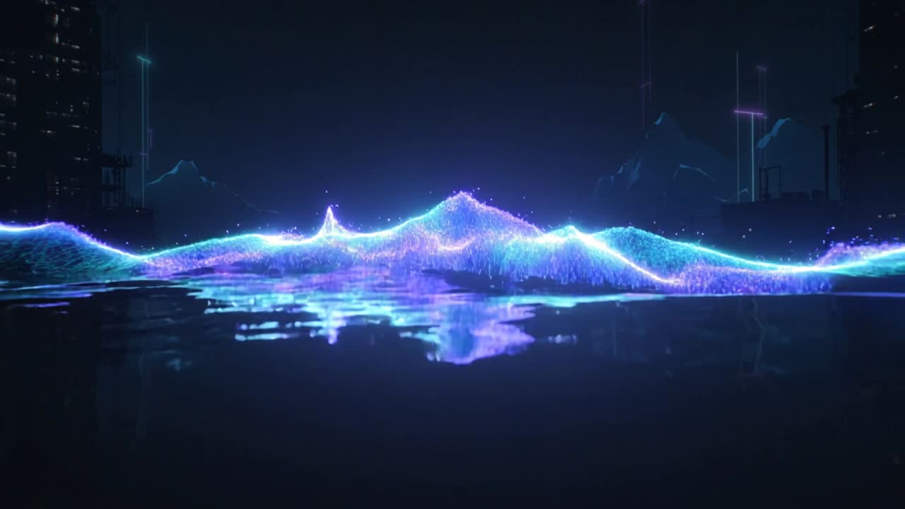 Neon waveform rising, moving across reflective plane, triggered by rhythmic pulse for technology