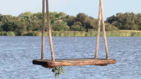 columpio de madera del estanque de velas, con agua y vegetación al fondo