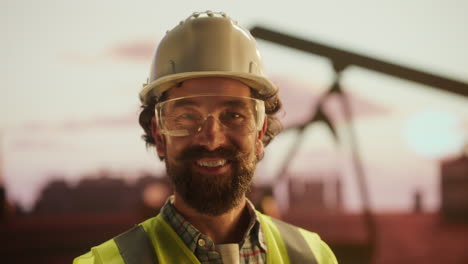 portrait of an oil and gas worker in safety gear at an oilfield