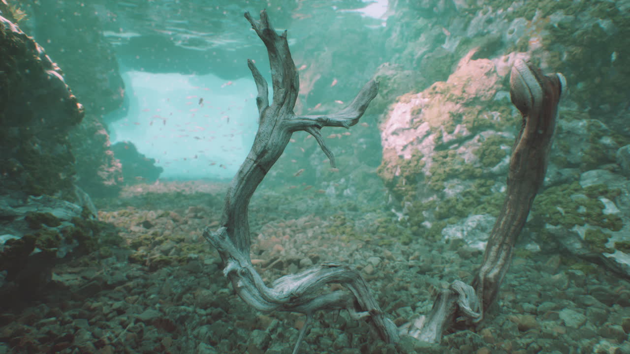 동굴을 들여다보는 빛이 수중 세계를 비추고 있습니다.