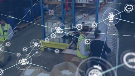 animation of network of connections with icons over men working in warehouse