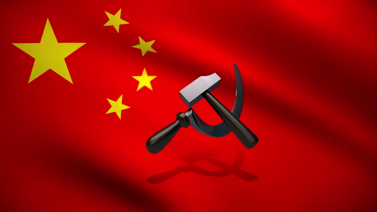 The Hammer and sickle in-front of the National Flag of the People's Republic of China