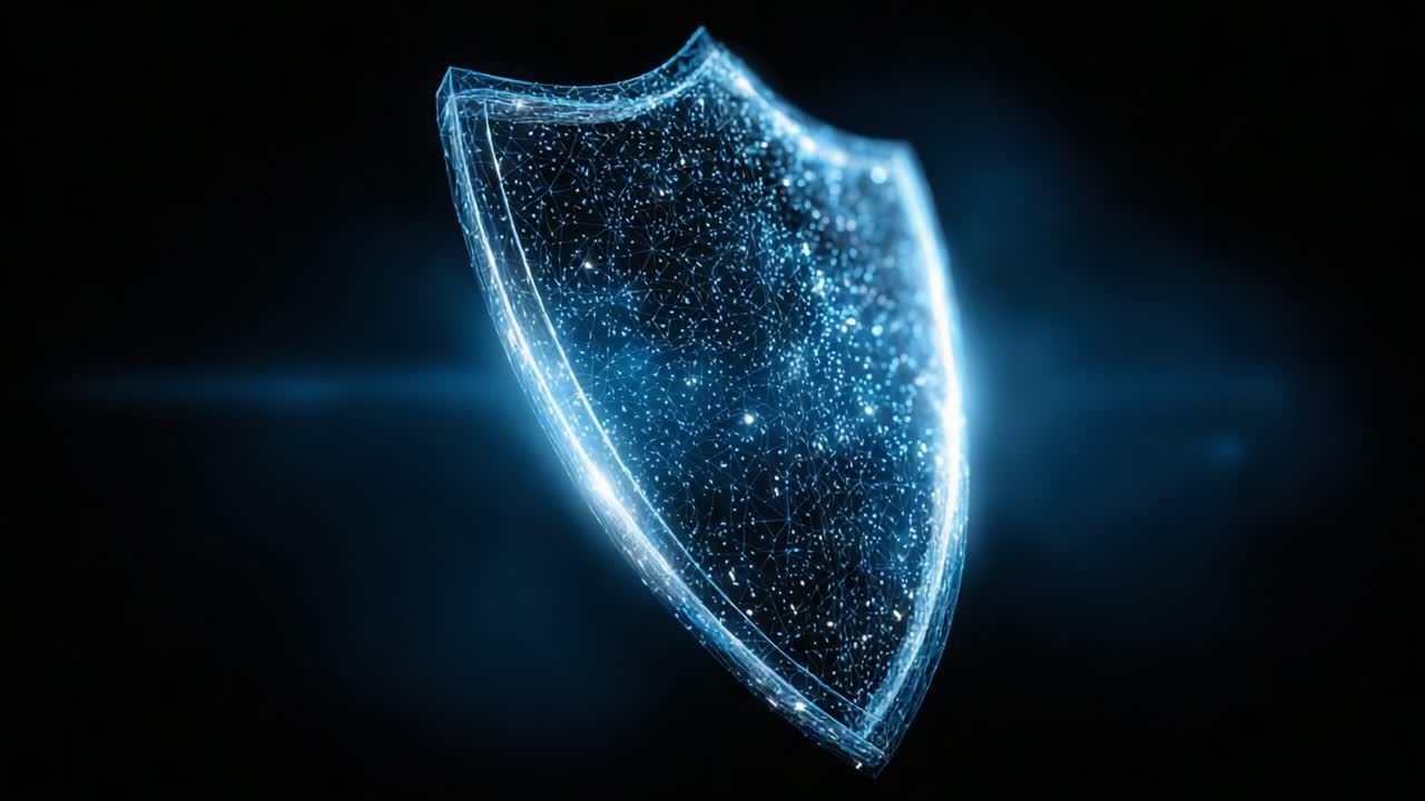 A Futuristic Digital Shield Glowing Against a Dark Background, Symbolizing Security, Protection, and Advanced Technology with a Sparkling Design
