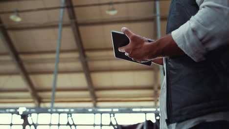 gerente de lechería trabajando solo en el establo de vacas. las manos del trabajador sosteniendo la almohadilla de computadora en primer plano