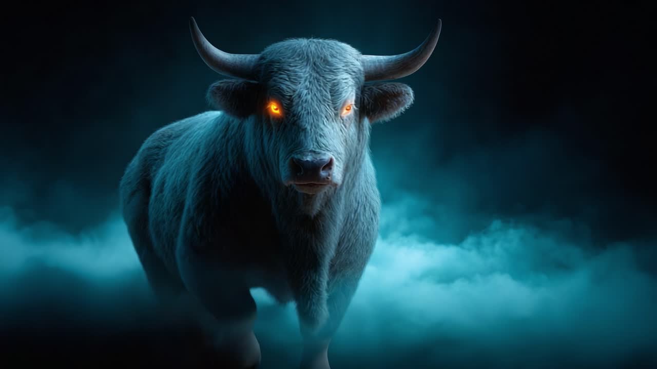 A Majestic Bull Stands Proudly in an Enigmatic Mist, Exuding Strength and Presence with a Mysterious Glow in Its Fiery Eyes, Captured in Stunning Detail