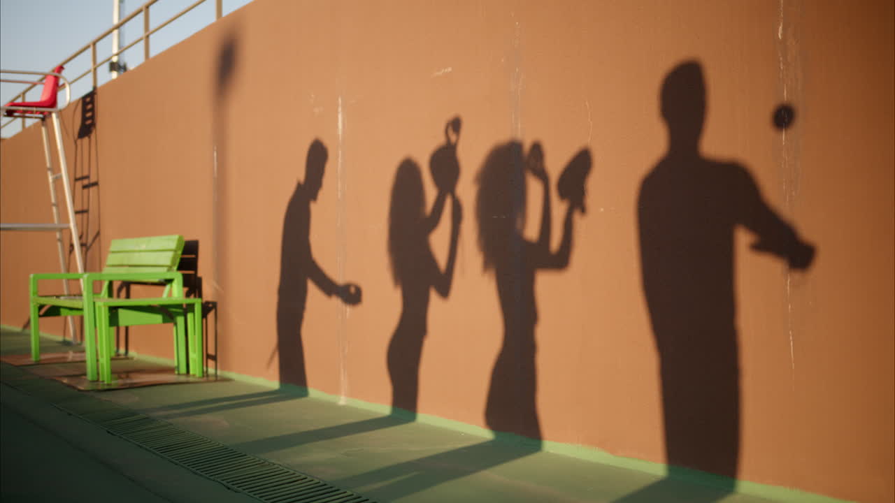 The shadow of two men and two women practicing to play pickleball on a court on a sunny day