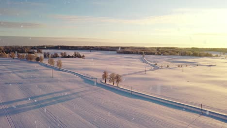 落雪時的黃金冬日日落時的田園路