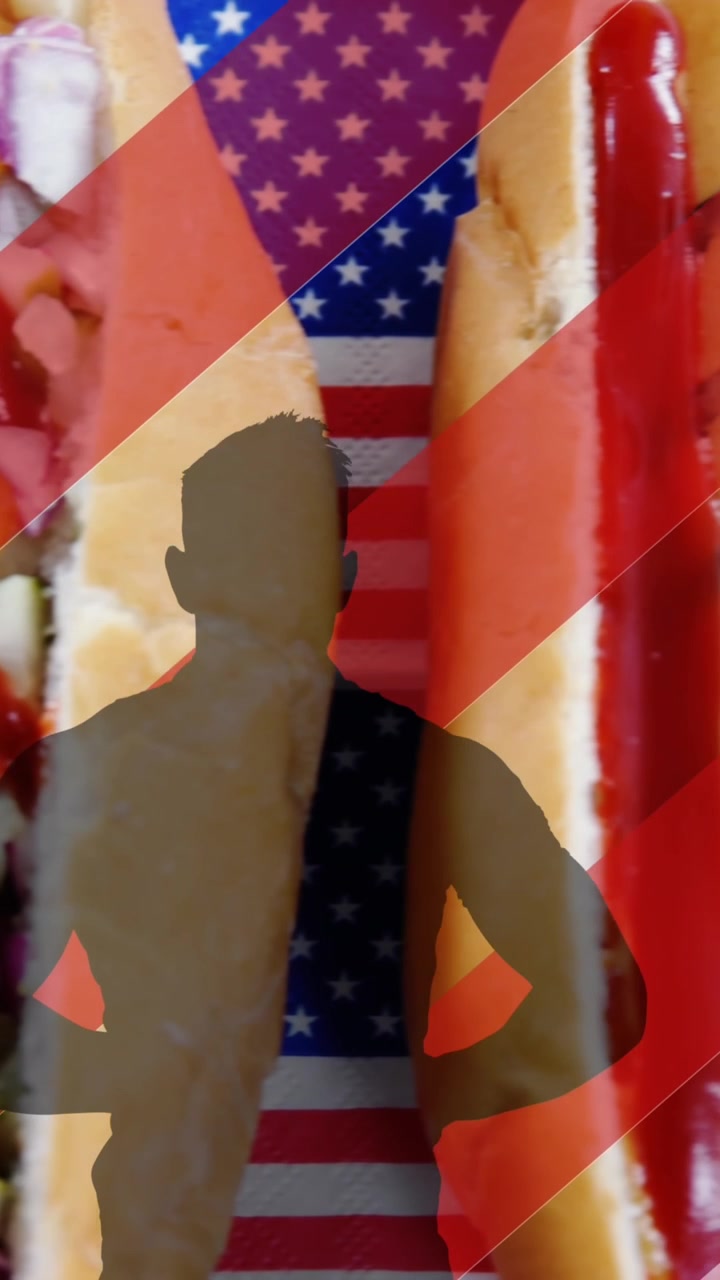 Animazione di strisce bianche e rosse e silhouette umana su hot dog.