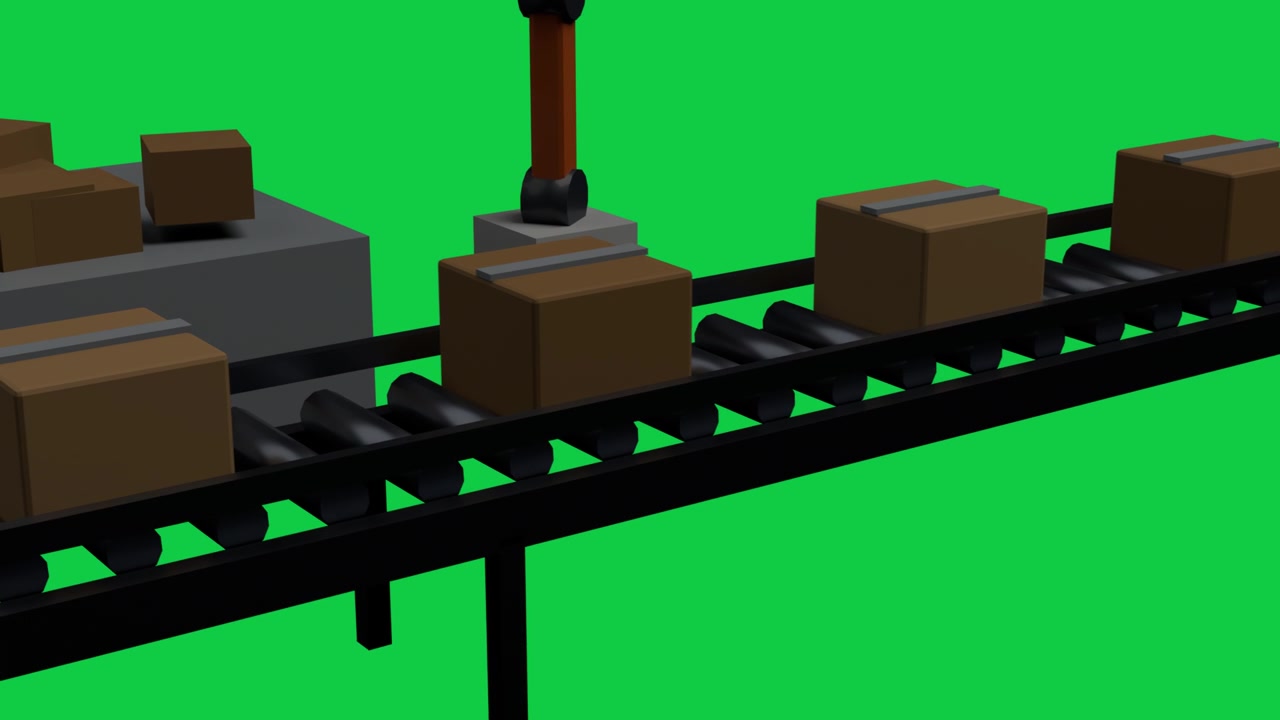 Box reaching conveyor edge, robotic arm descending and nudging boxes, aligning for dispatch