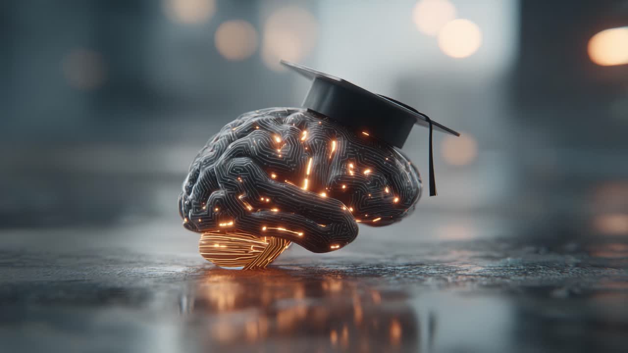 A Creative Visualization of a Technological Brain with Graduation Cap, Symbolizing the Fusion of Knowledge and Innovation in the Modern World