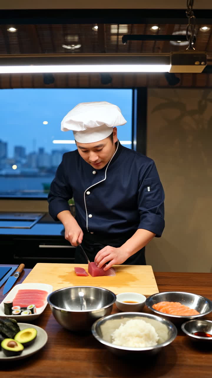 Chef preparing sushi with tuna and other ingredients