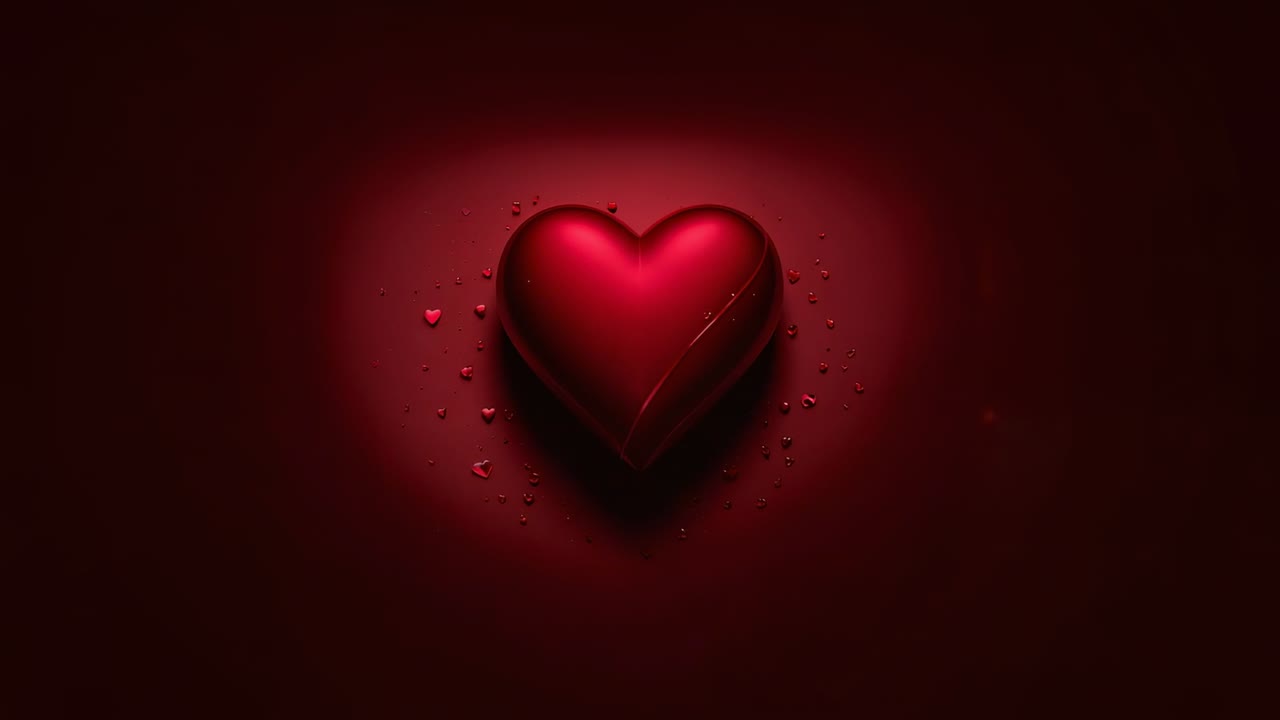 Faretto pulsante che illumina un cuore rosso lucido in studio, goccioline e segni diagonali che accentuano il battito