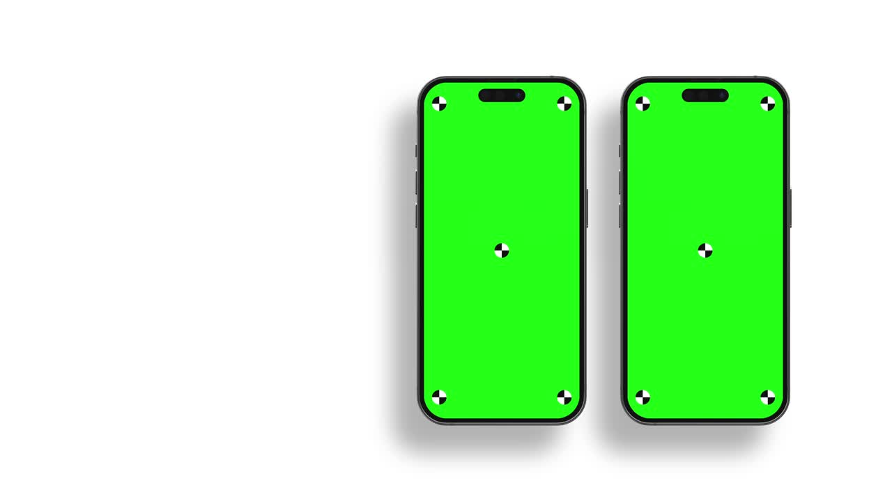render 3d de la pantalla verde del iphone 14 pro con marcas para el seguimiento de las rotaciones y movimientos del teléfono, incluidas las posiciones verticales y horizontales sobre fondo blanco