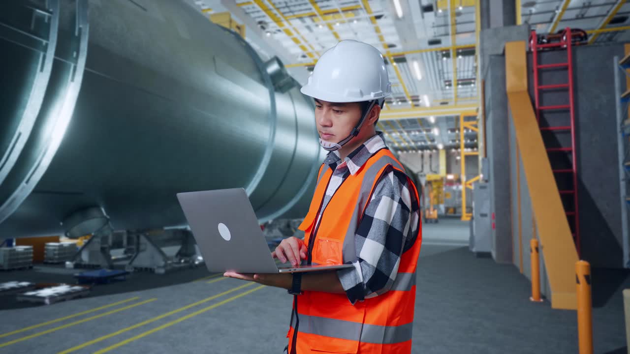 боковой вид азиатского инженера с защитным шлемом, работающего на ноутбуке, стоя на заводе по производству труб