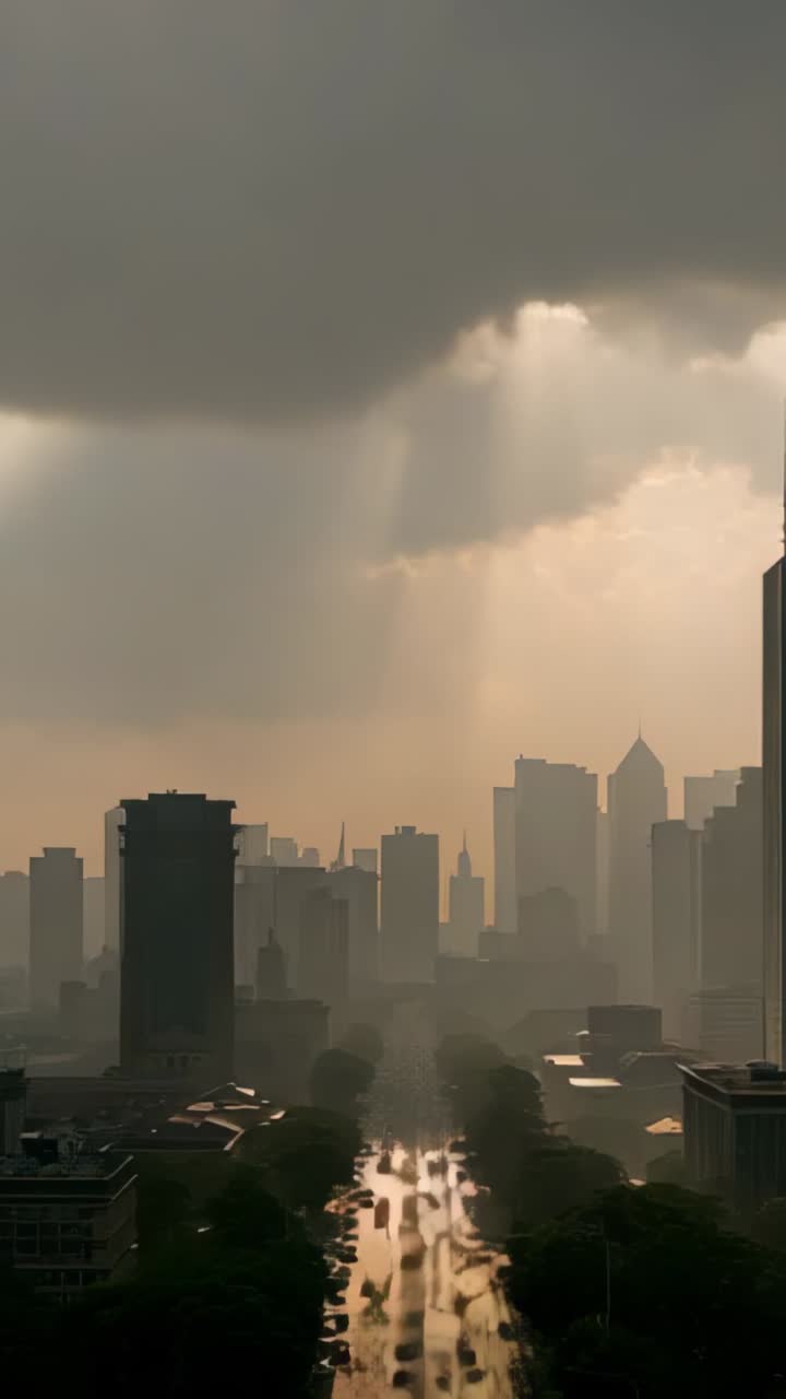 Vertical video: Clouds parting sending sunbeam piercing city avenue, highlighting moving vehicles