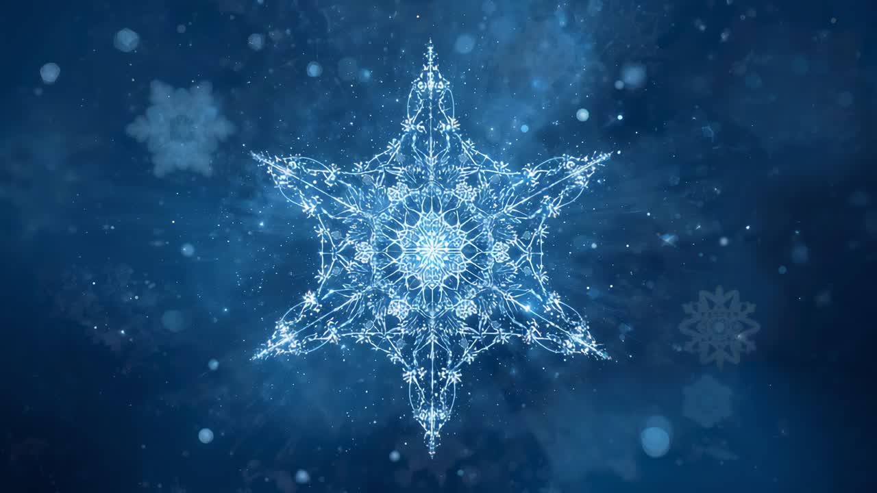 Pulsing six-pointed snowflake expanding in blue nebula, core pulse revealing filigree with sparkles