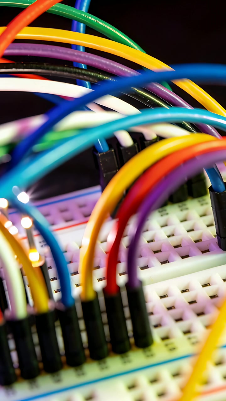 Vertical video: Shifting camera focus revealing rainbow jumper wires on breadboard, showing LED