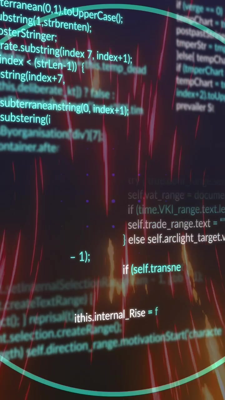 Animation de cercles en boucle sur du code informatique, sur un motif ondulé, sur fond noir