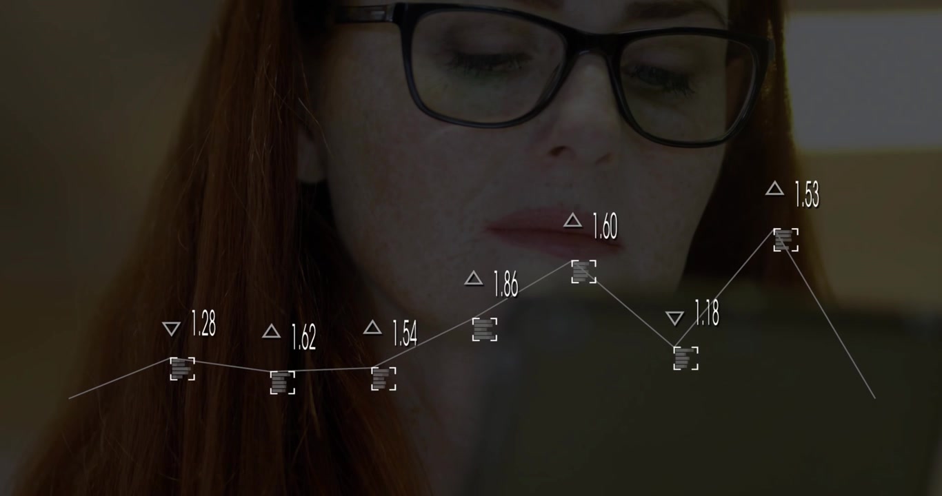 Woman reviewing finance data on tablet upon receiving feed, adjusting glasses tracking line graph