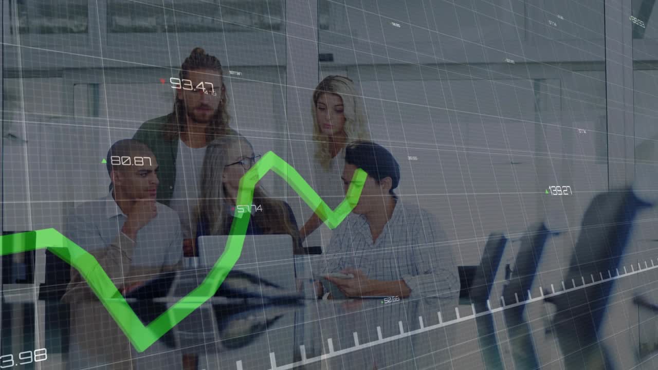 Colleagues gathering around laptop watching green line graph emerging and guiding business analysis