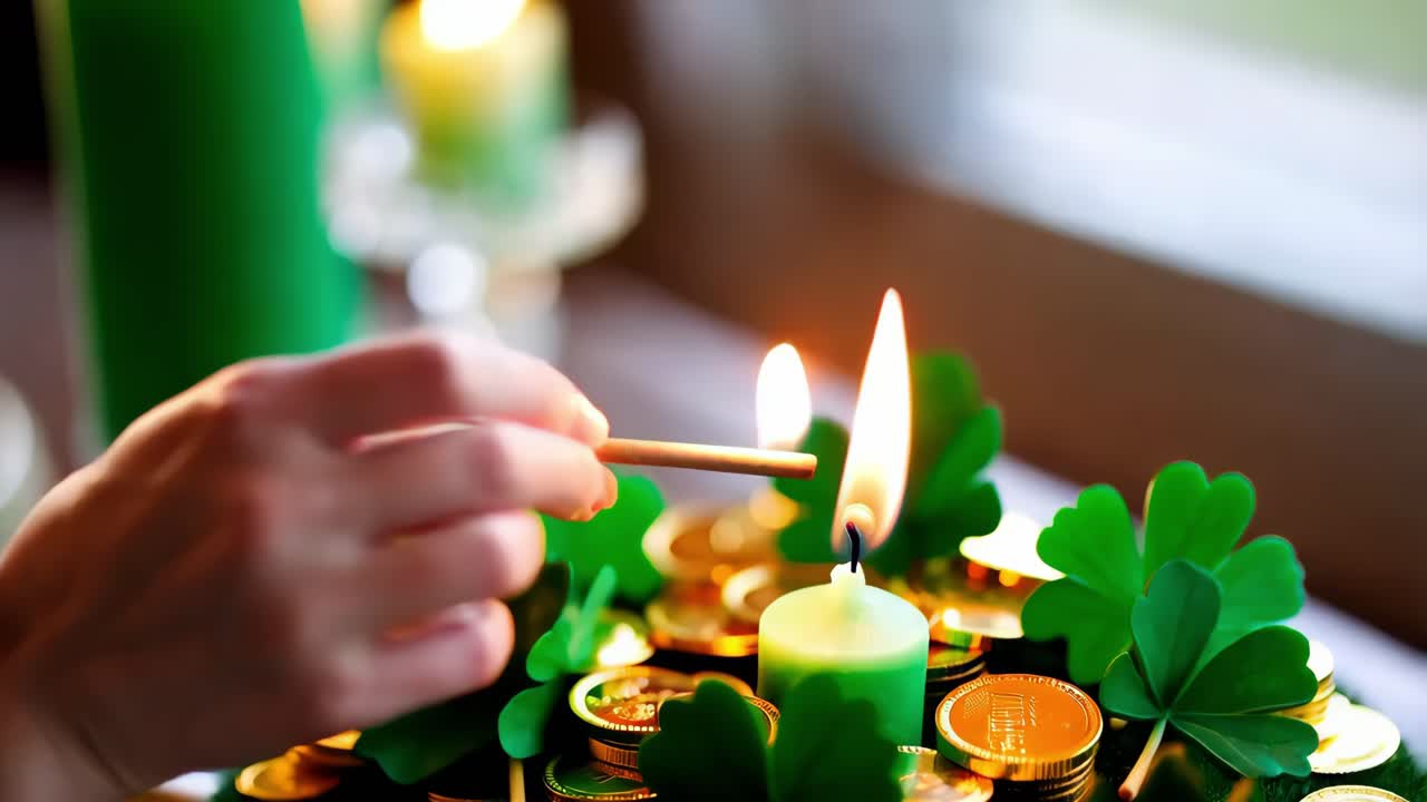 encendiendo una vela para el día de san patricio con monedas y tréboles