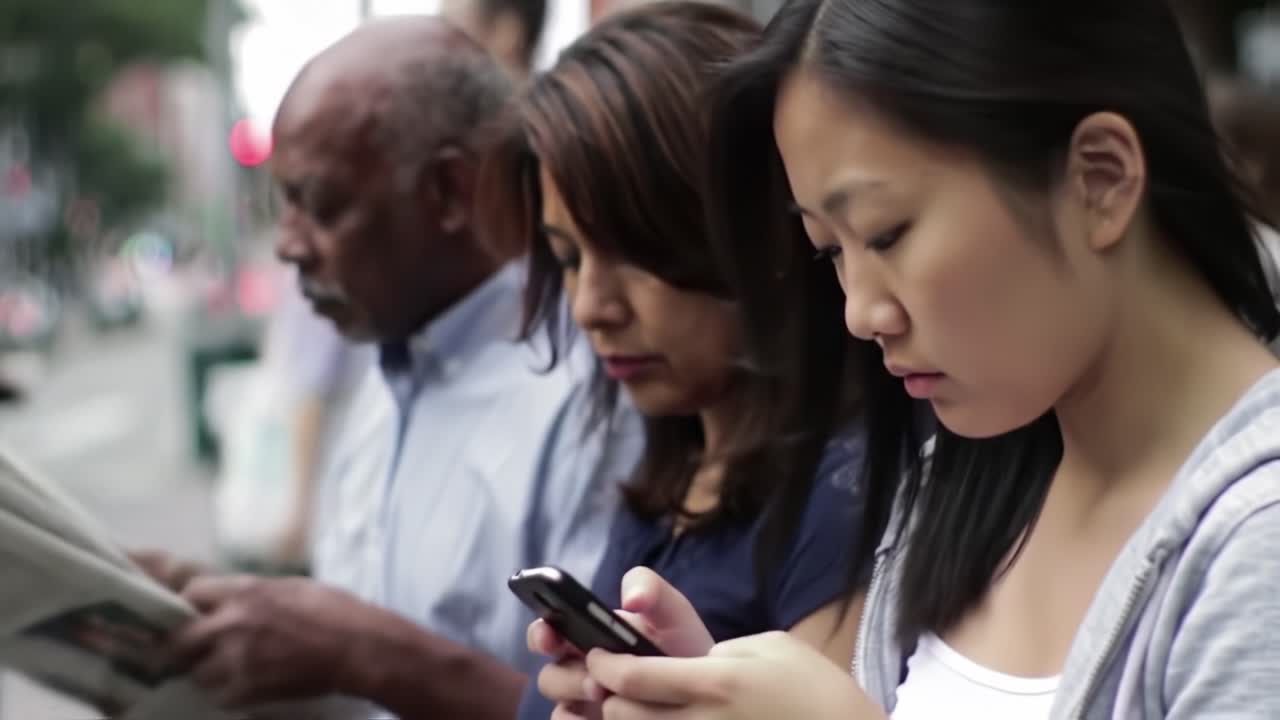 A Diverse Group of Individuals Engaged in Different Forms of Communication in a City Setting, Highlighting the Intersection of Technology and Everyday Life