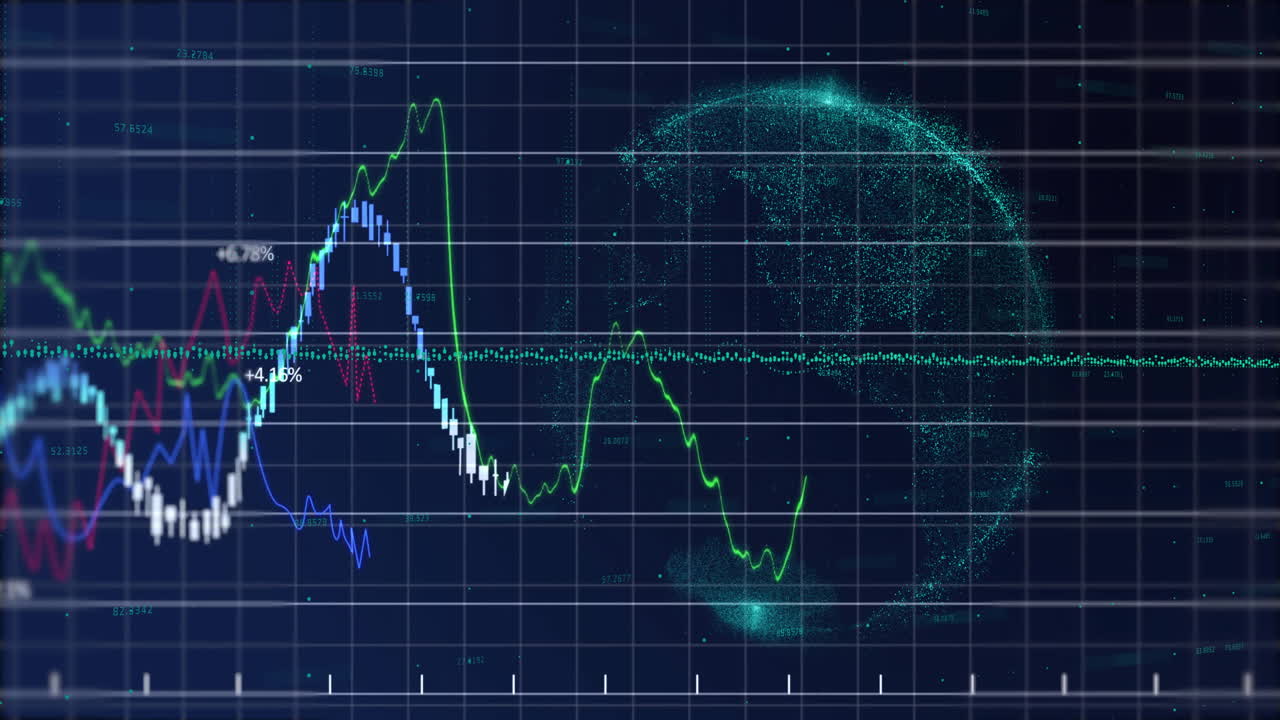 Holographic financial chart floating over blue grid showing candlestick bars and trend lines