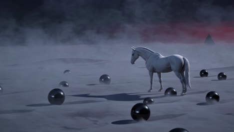majestic white horse standing motionless in ethereal foggy landscape, surrounded by floating black spheres, mysterious pyramid silhouetted, crimson sky glowing ominously