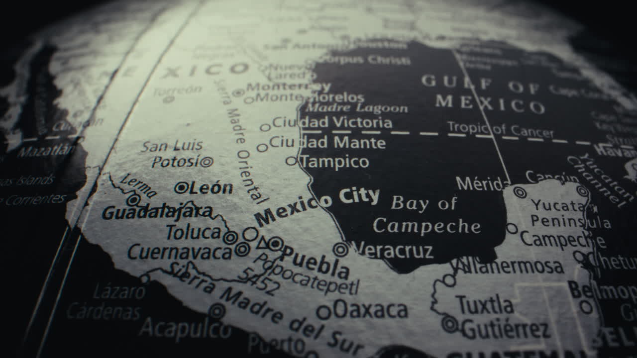 Close-up of a World Map Focusing on Mexico