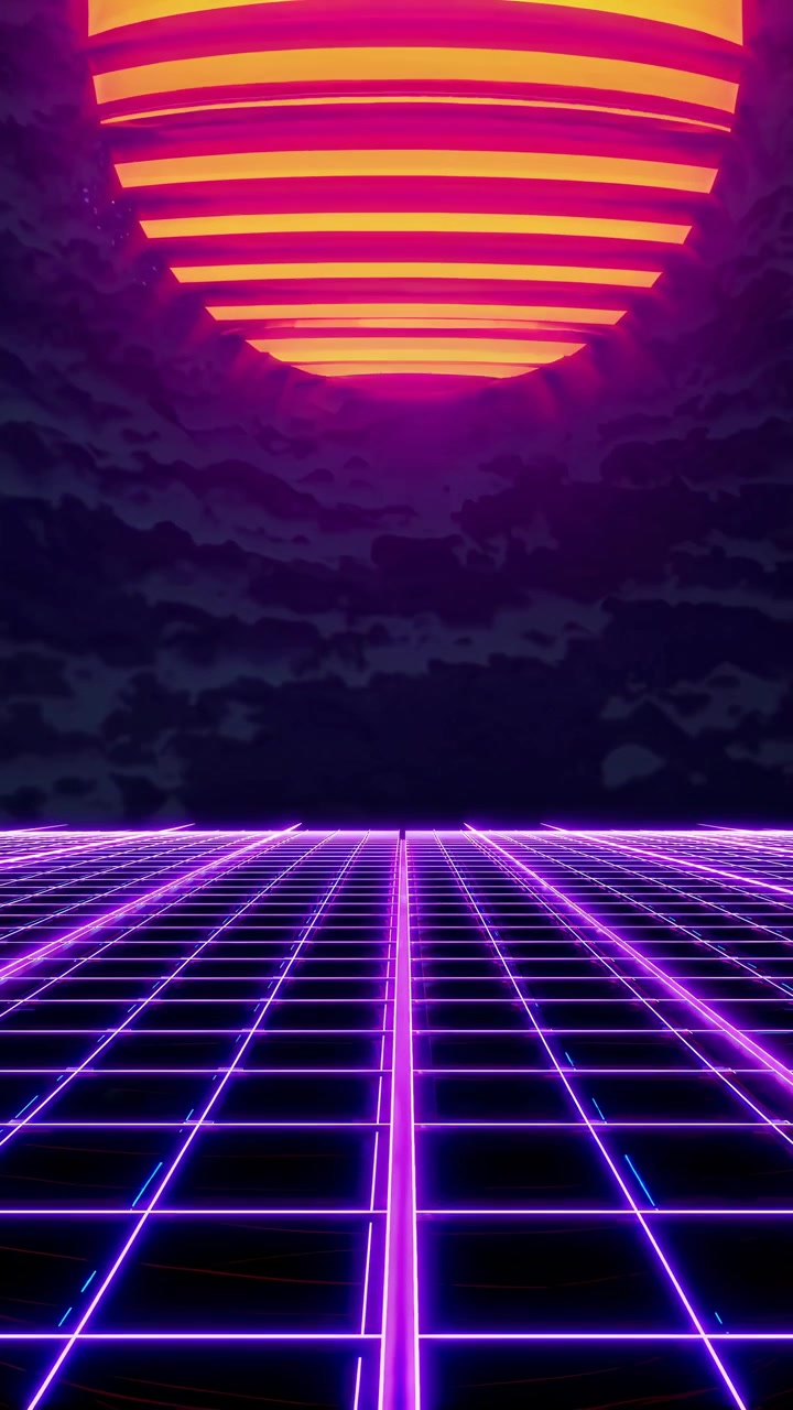Paesaggio a griglia in stile retro synthwave con sole luminoso