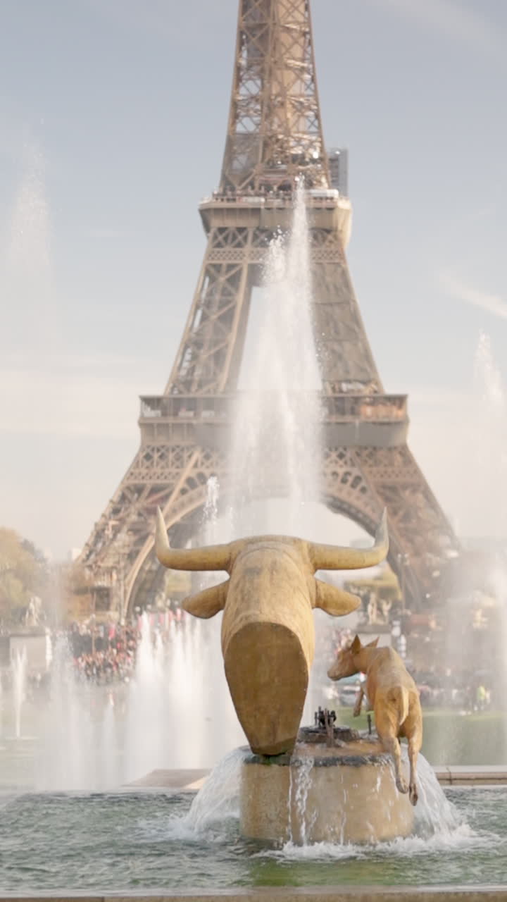 Elegant slow motion capture of a fountain in Paris with the iconic Eiffel Tower gracefully towering in the background.