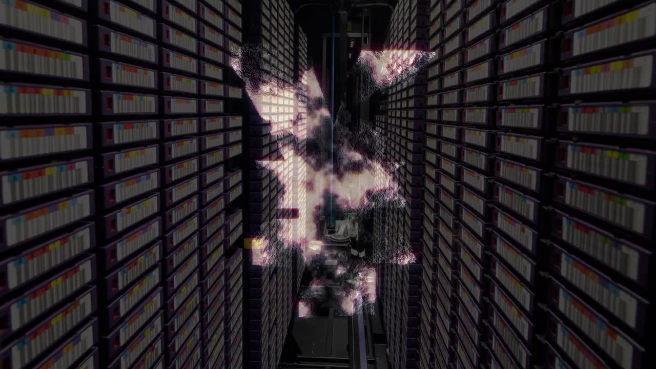 Yen symbol spinning against computer server room in background