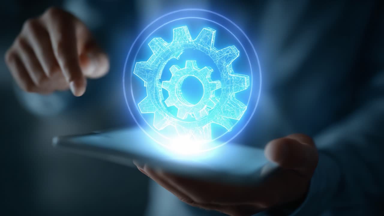 A Person Interacting with a Digital Interface Featuring a Rotating 3D Gear Symbol Representing Modern Technology and Innovation in Device Management