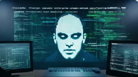 la guarida de un hacker con cara digital