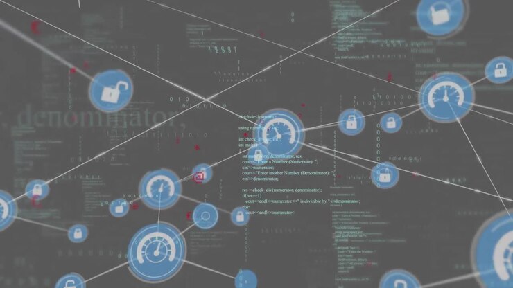 Animation of connected icons, computer language and binary codes over black background