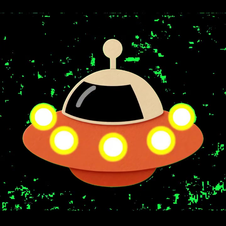 Animert UFO-romskip med glødende lys på svart bakgrunn