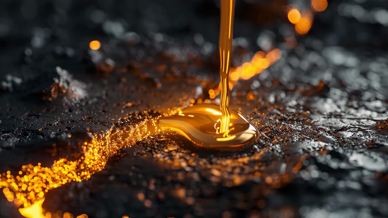 Molten Gold Pouring onto a Dark Surface