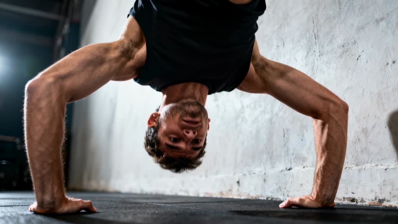 Uomo in forma si allena con le handstand presses su un tappetino di gomma, contro una parete di cemento, indossando una maglietta nera.