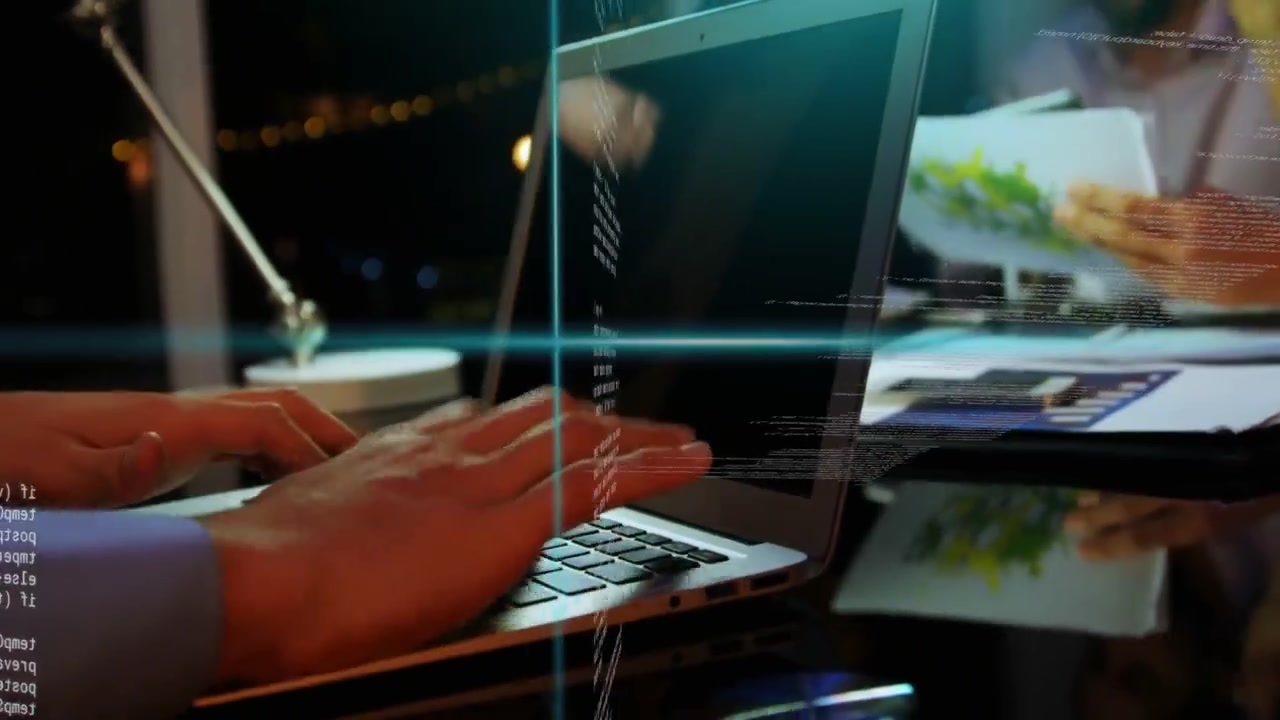 Team sitting tapping tablet starting laptop typing, code overlay linking charts for data analysis