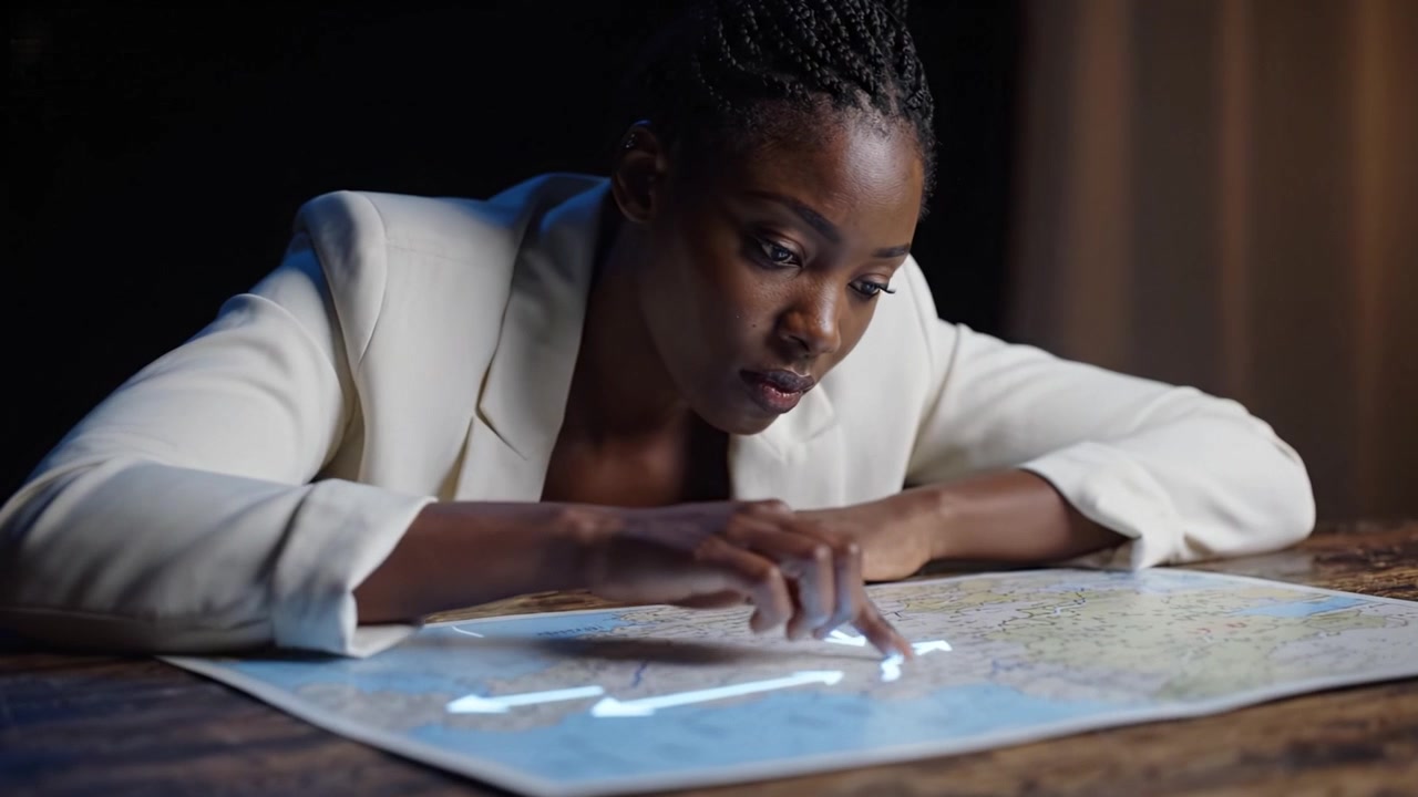 A focused woman studies a map intently, tracing routes with her fingers, revealing determination and curiosity as she seeks direction and insight.