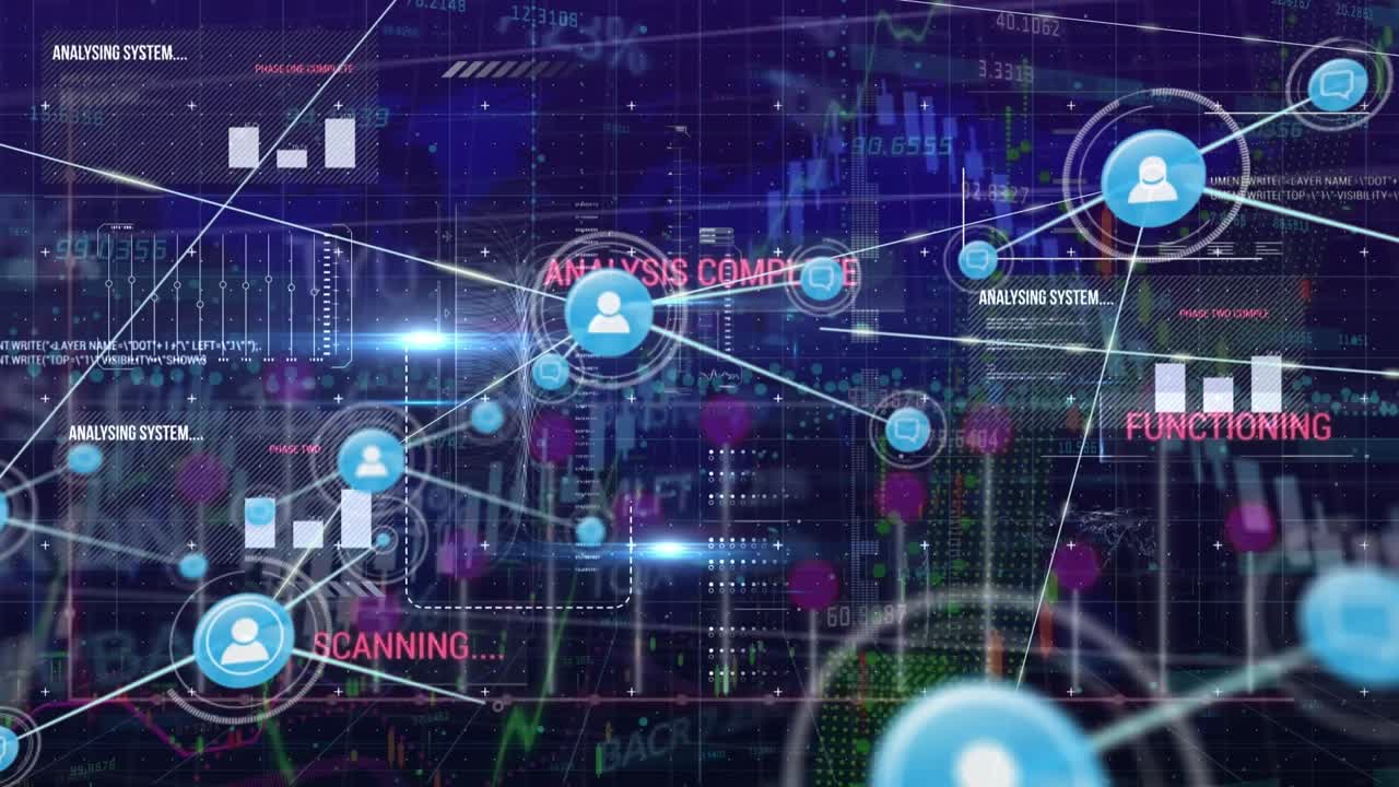 Animation of network of connections with icons over cityscape