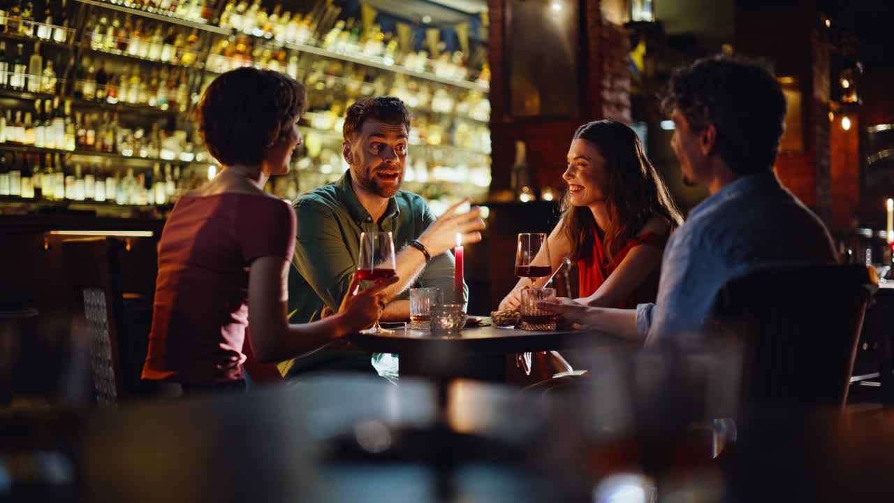 Two couples date night in luxury bar. Group happy friends enjoying hangout