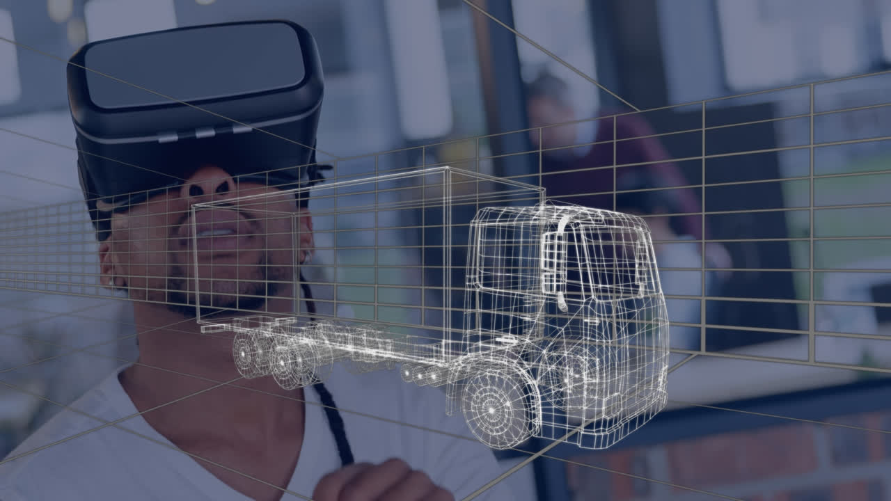 Animation of digital 3d drawing of car over man using vr headset