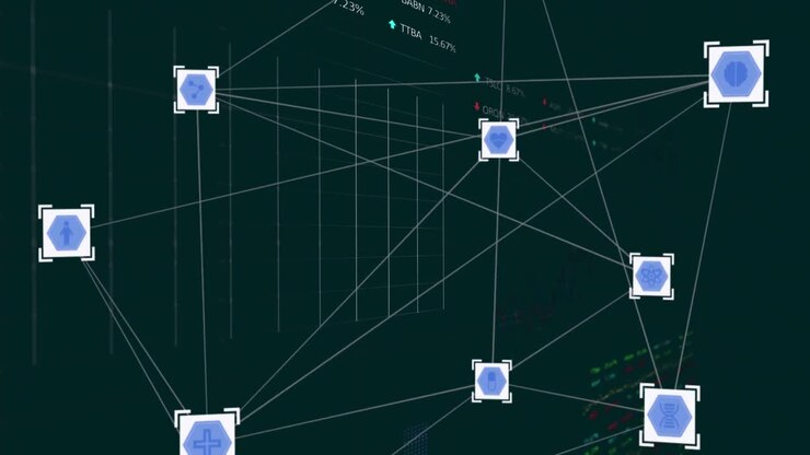 Animation of icons in white squares connected with lines over graphs and trading board
