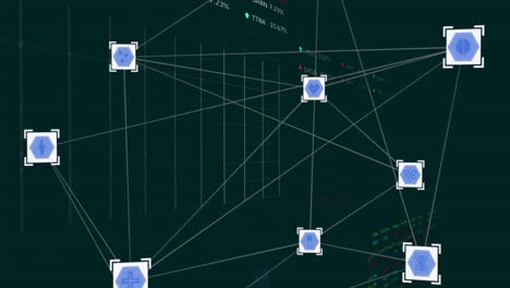 animación de iconos en cuadrados blancos conectados con líneas sobre gráficos y tablero de negociación.