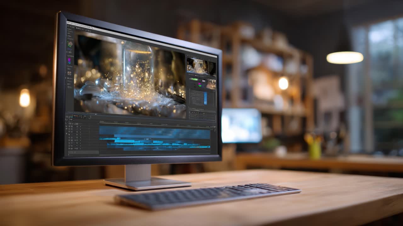 A Creative Workspace Showcasing a Computer Monitor with Dynamic Visual Effects and Editing Software, Illuminated by a Warm Ambient Atmosphere